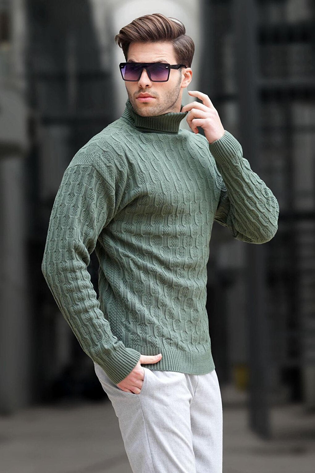 Khaki Turtleneck Patterned Men's Sweater 6835