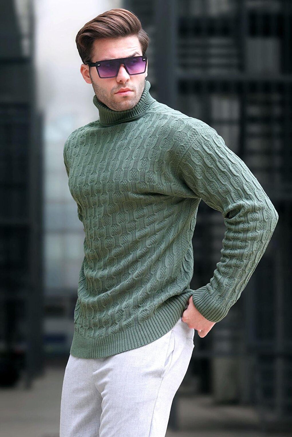 Khaki Turtleneck Patterned Men's Sweater 6835