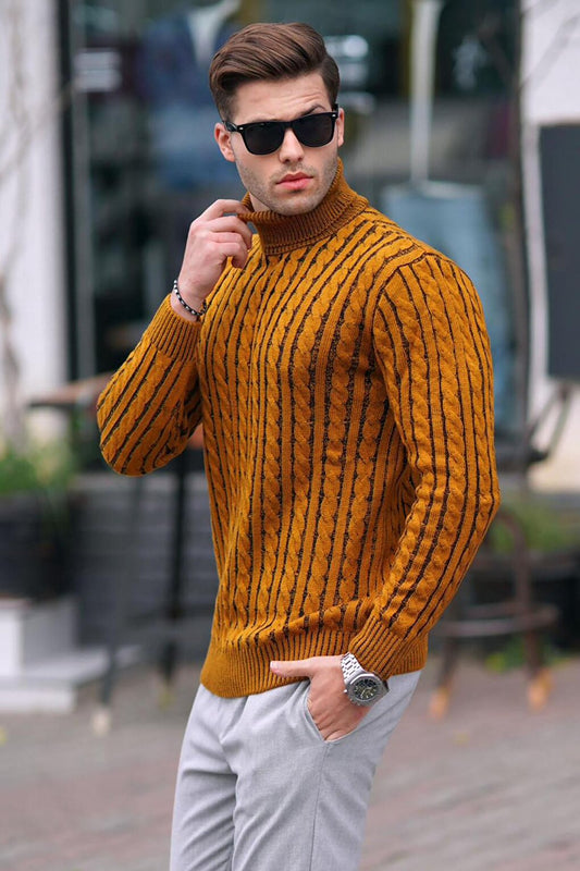 Mustard Turtleneck Knitted Detailed Sweater DY6317