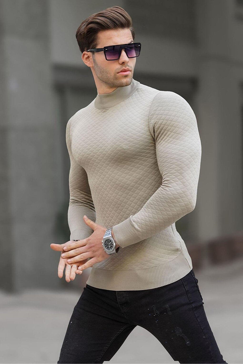 Beige Turtleneck Men's Knitwear Sweater 6809