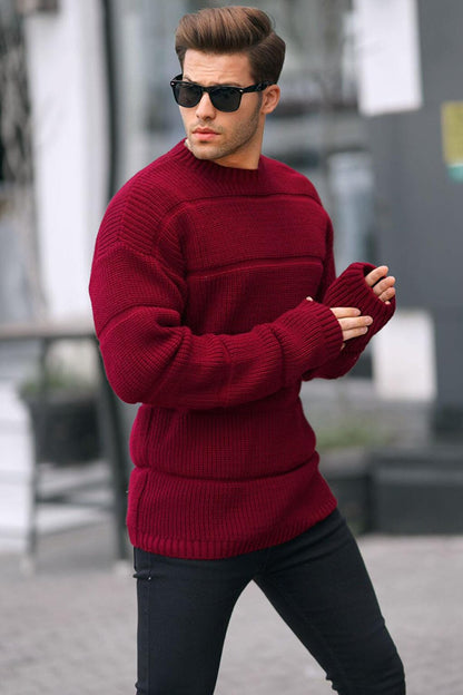 Claret Red Crew Neck Knitted Sweater 6855