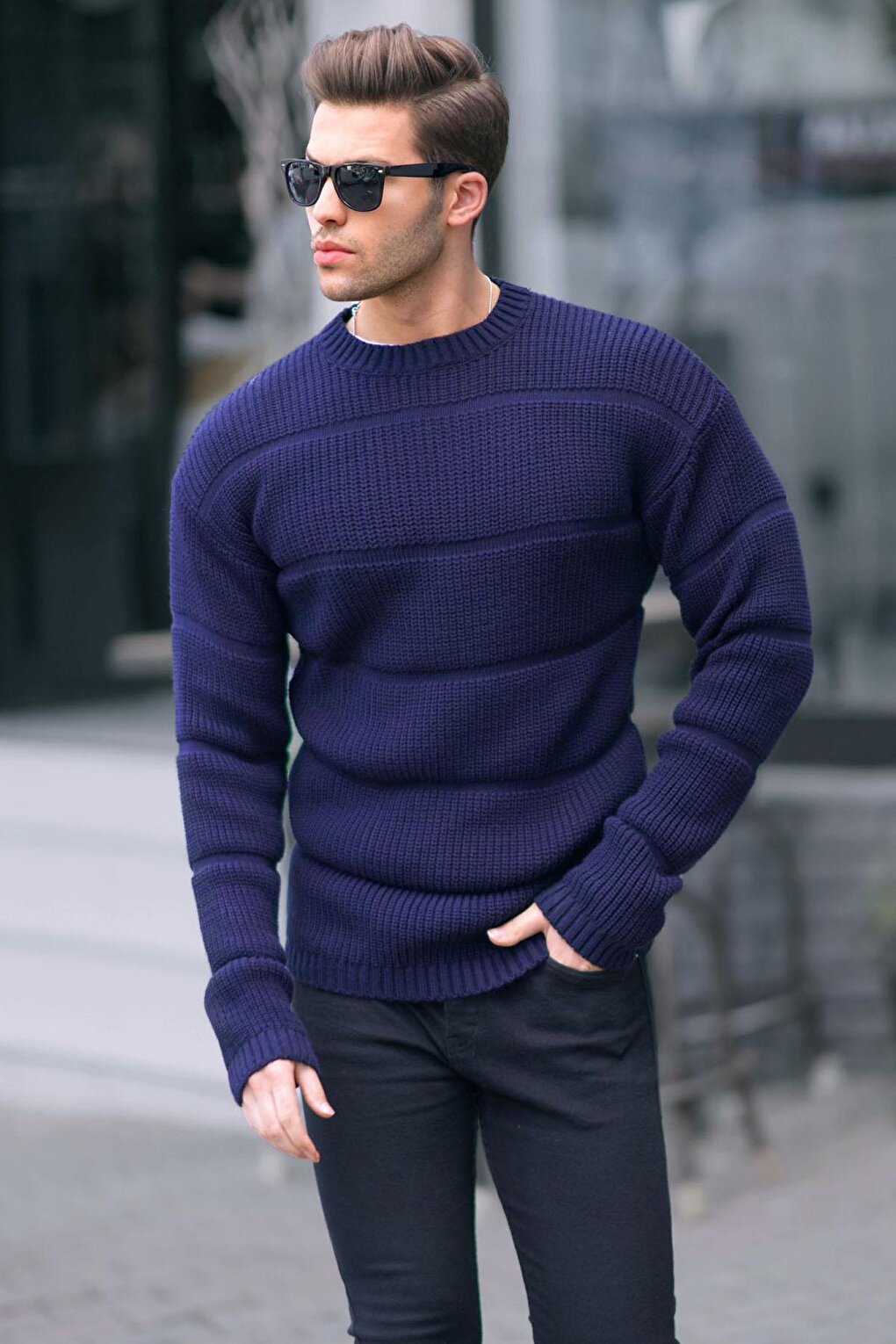 Navy Blue Crew Neck Knitted Sweater 6855