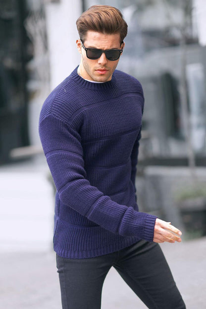 Navy Blue Crew Neck Knitted Sweater 6855