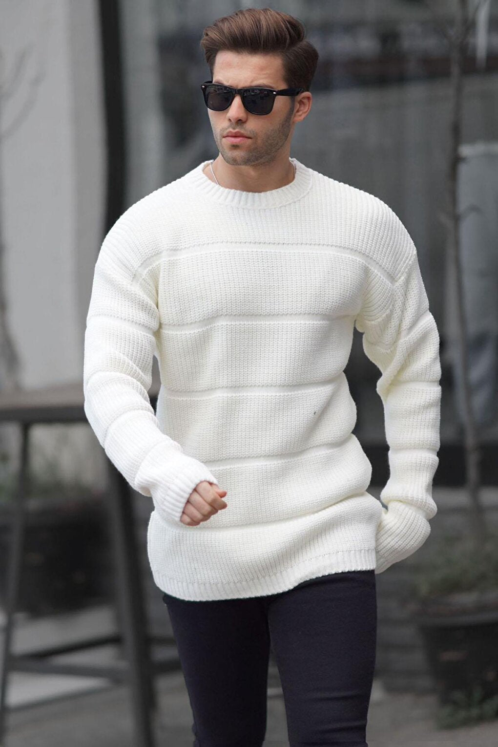 Ecru Crew Neck Knitted Sweater 6855