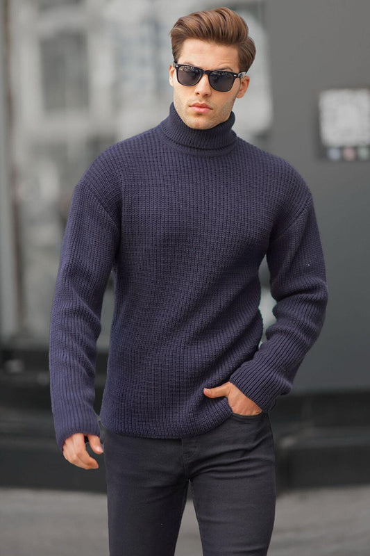 Navy Blue Turtleneck Knitted Sweater 6858