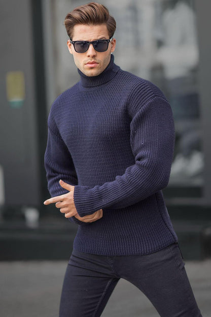 Navy Blue Turtleneck Knitted Sweater 6858