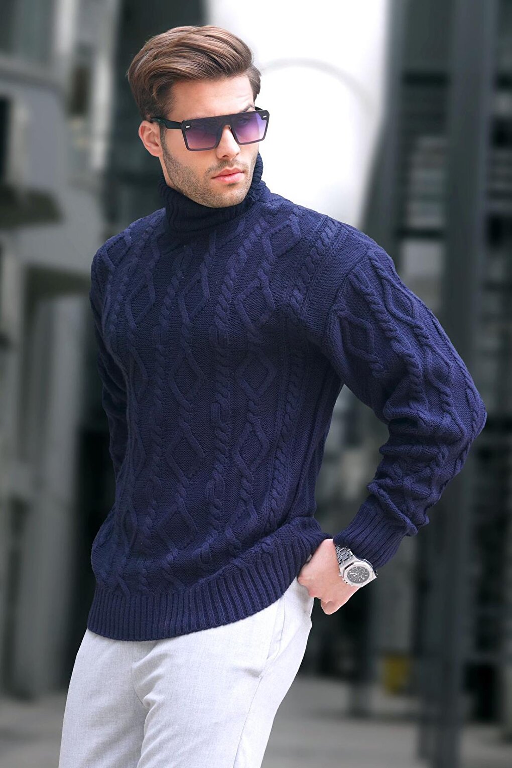 Navy Blue Turtleneck Men's Knitwear Sweater 6854