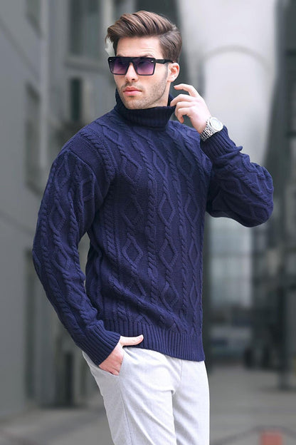 Navy Blue Turtleneck Men's Knitwear Sweater 6854