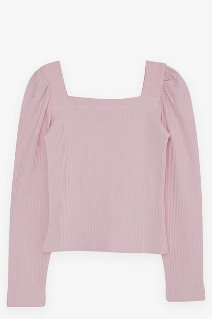 Girl's Square Neck Long Sleeve Blouse Corded Crop Pink (Ages 8-14)