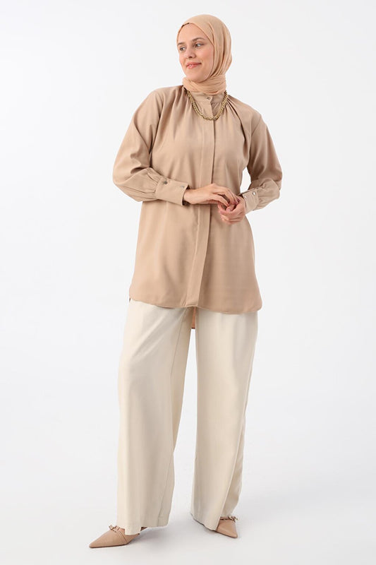 Milk Brown Stand Collar Shirt Tunic with Gathered Cufflinks Detail