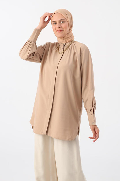 Milk Brown Stand Collar Shirt Tunic with Gathered Cufflinks Detail