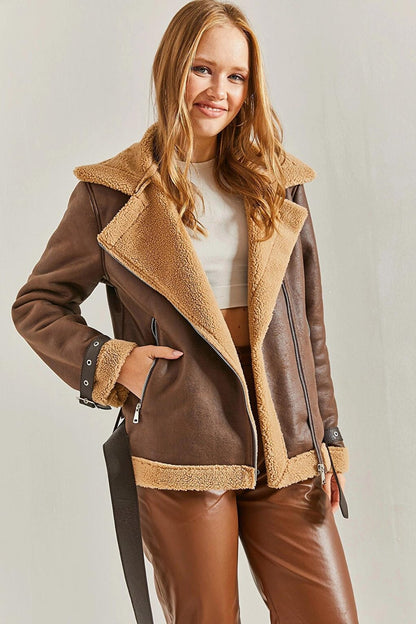 Women's Laminated Suede Coat with Belted Sleeves and Fur Tip