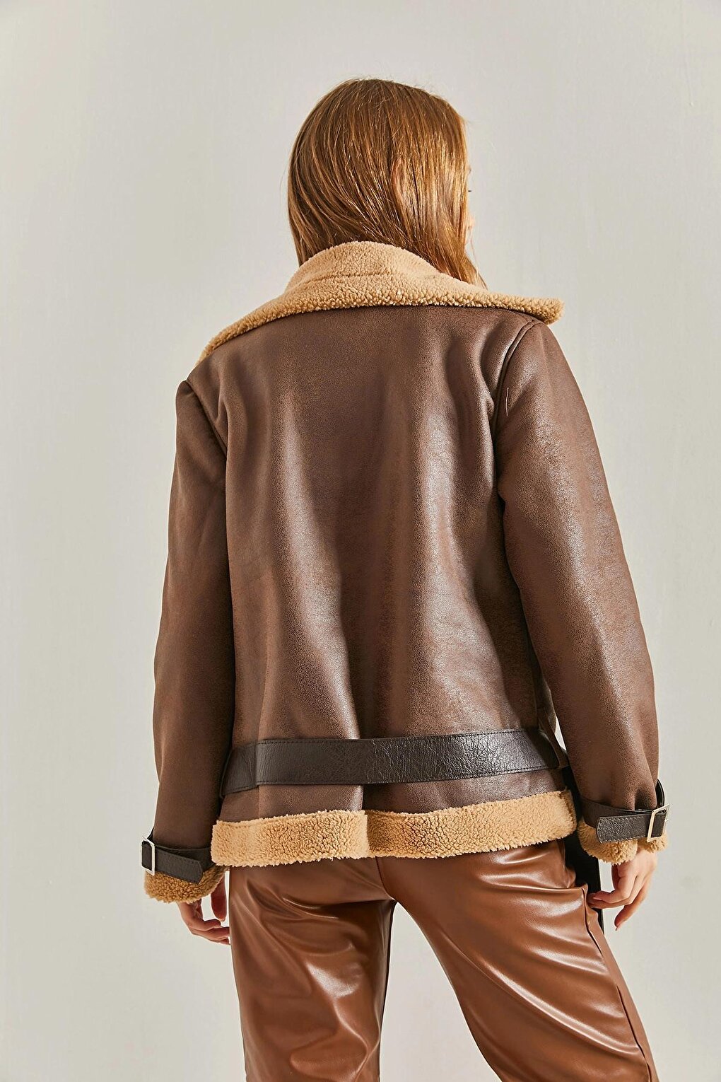 Women's Laminated Suede Coat with Belted Sleeves and Fur Tip