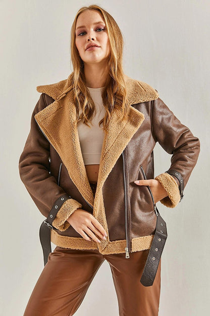 Women's Laminated Suede Coat with Belted Sleeves and Fur Tip