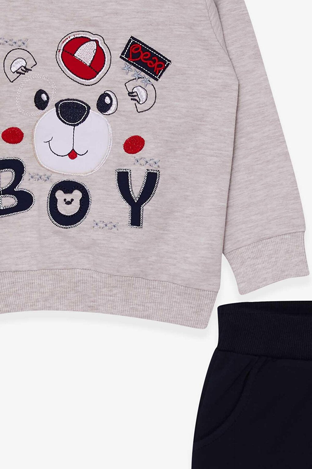 Boy's Tracksuit Set Beige Melange with Teddy Bear Figure (Age 1-4)