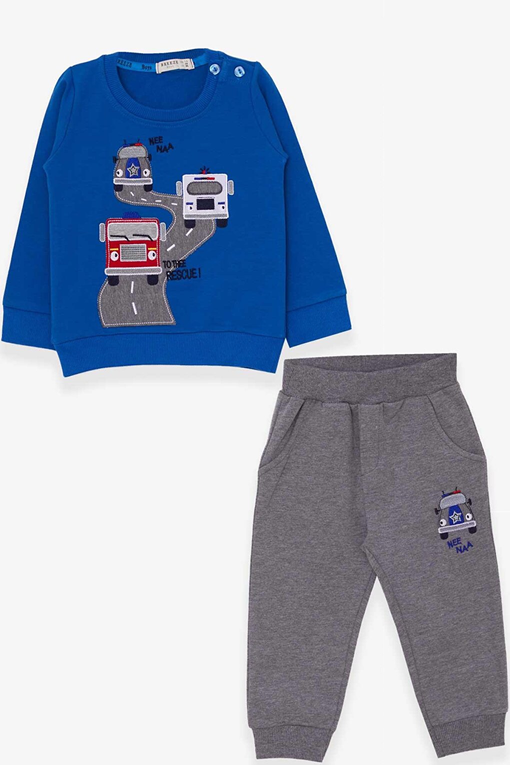 Baby Boy Tracksuit Set, Sax Blue with Colorful Car Embroidery (1.5-2 Years)