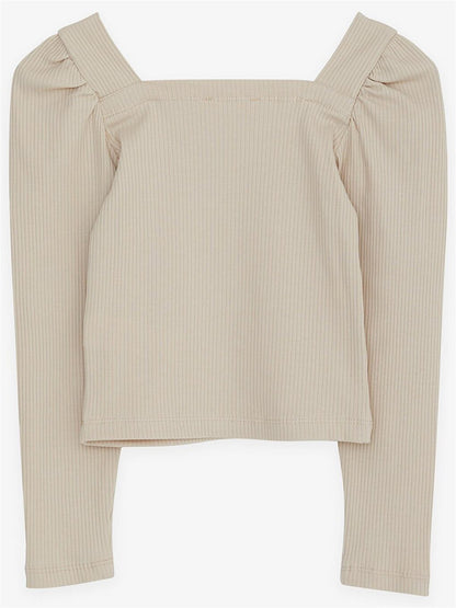 Girl's Square Neck Long Sleeve Blouse Corded Crop Beige (8-14 Years)