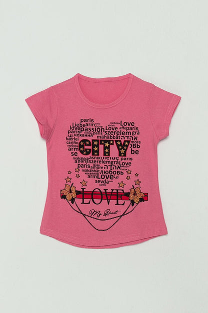 Girls' T-Shirt with Text Printed Stamp Detail