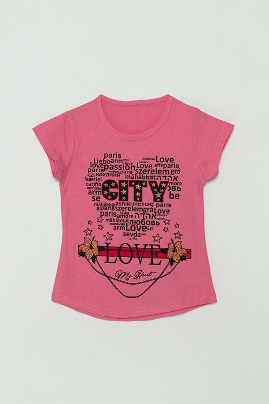 Girls' T-Shirt with Text Printed Stamp Detail