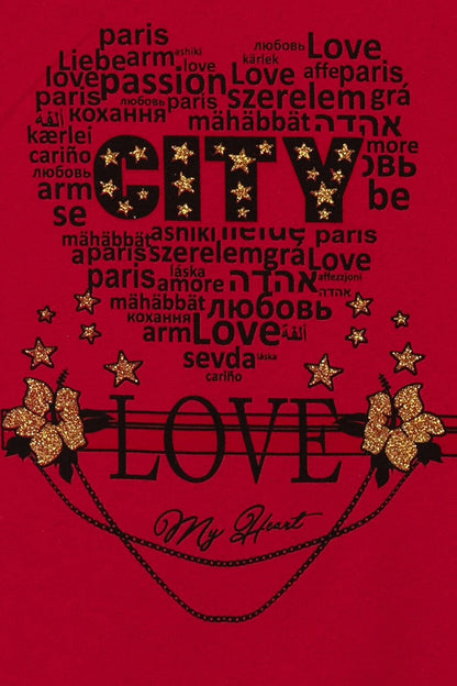 Girls' T-Shirt with Text Printed Stamp Detail