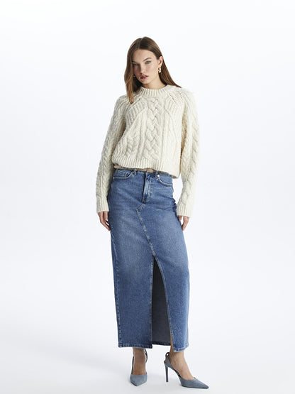 Lyon - Long Denim Skirt with Slit - Dark Indigo Color