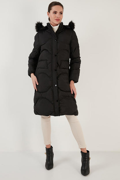 Quilted Winter Long Hijab Coat with Faux Fur Collar and Removable Hood 6477401