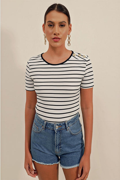 0479 Buttoned Striped Blouse - White