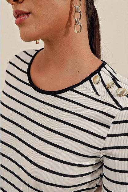 0479 Buttoned Striped Blouse - White