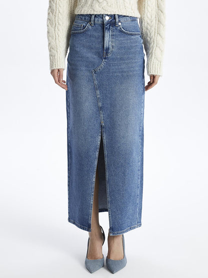 Lyon - Long Denim Skirt with Slit - Dark Indigo Color