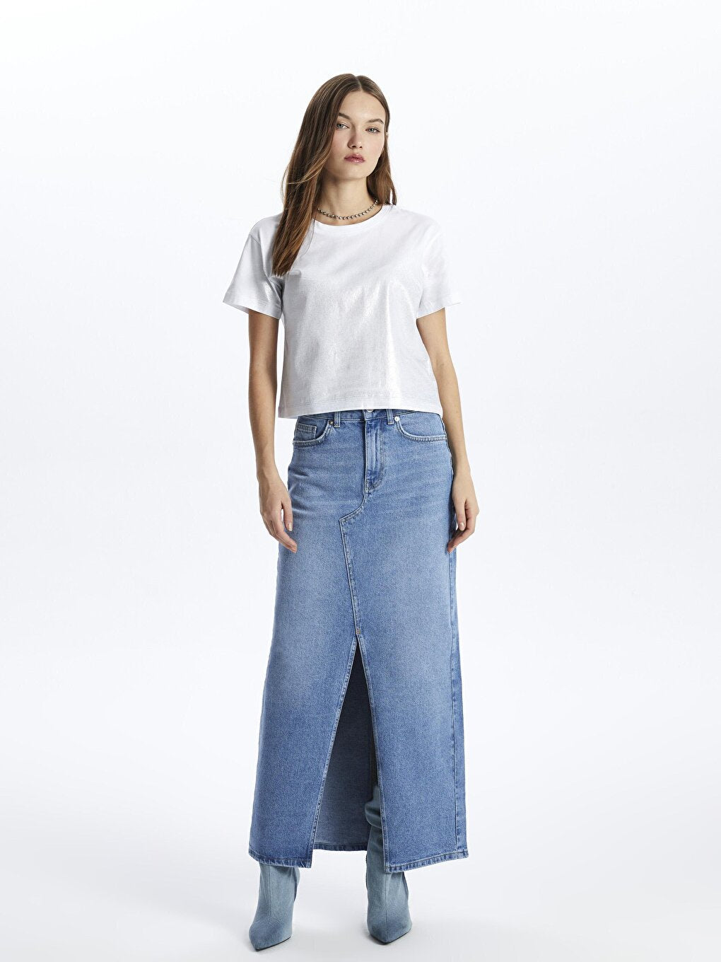 Lyon - Long Denim Skirt with Slit - Indigo Color