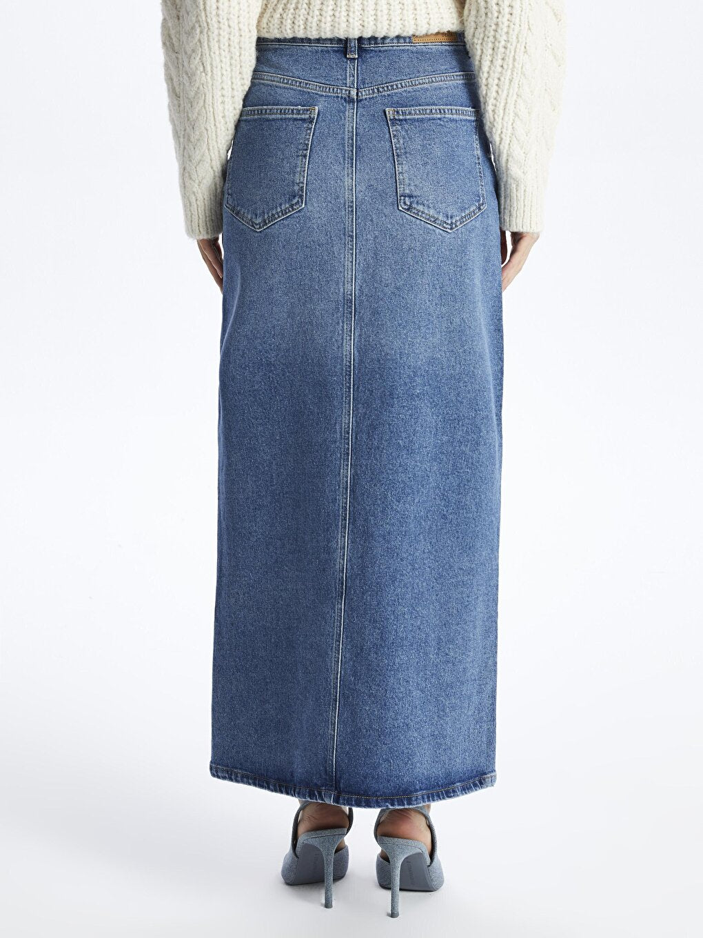 Lyon - Long Denim Skirt with Slit - Dark Indigo Color