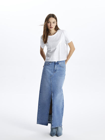 Lyon - Long Denim Skirt with Slit - Indigo Color