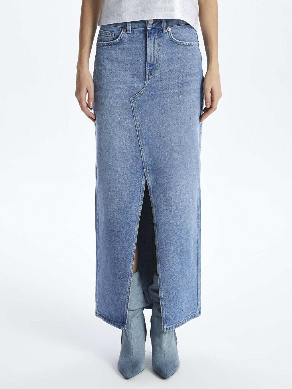 Lyon - Long Denim Skirt with Slit - Indigo Color