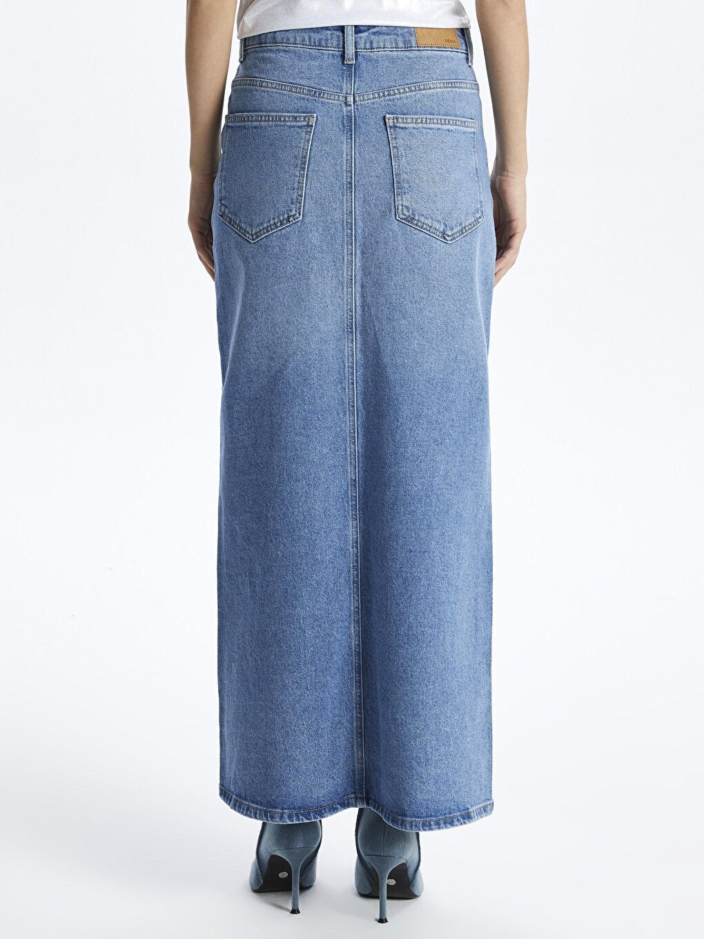 Lyon - Long Denim Skirt with Slit - Indigo Color