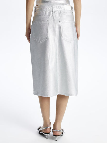 Lille - Slit Leaf Printed Indigoi Skirt - Silver Color