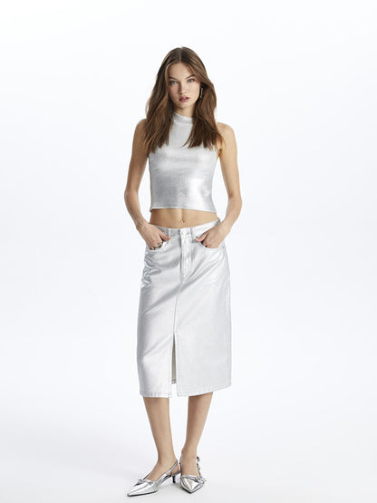 Lille - Slit Leaf Printed Indigoi Skirt - Silver Color