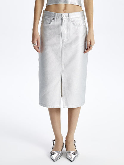 Lille - Slit Leaf Printed Indigoi Skirt - Silver Color