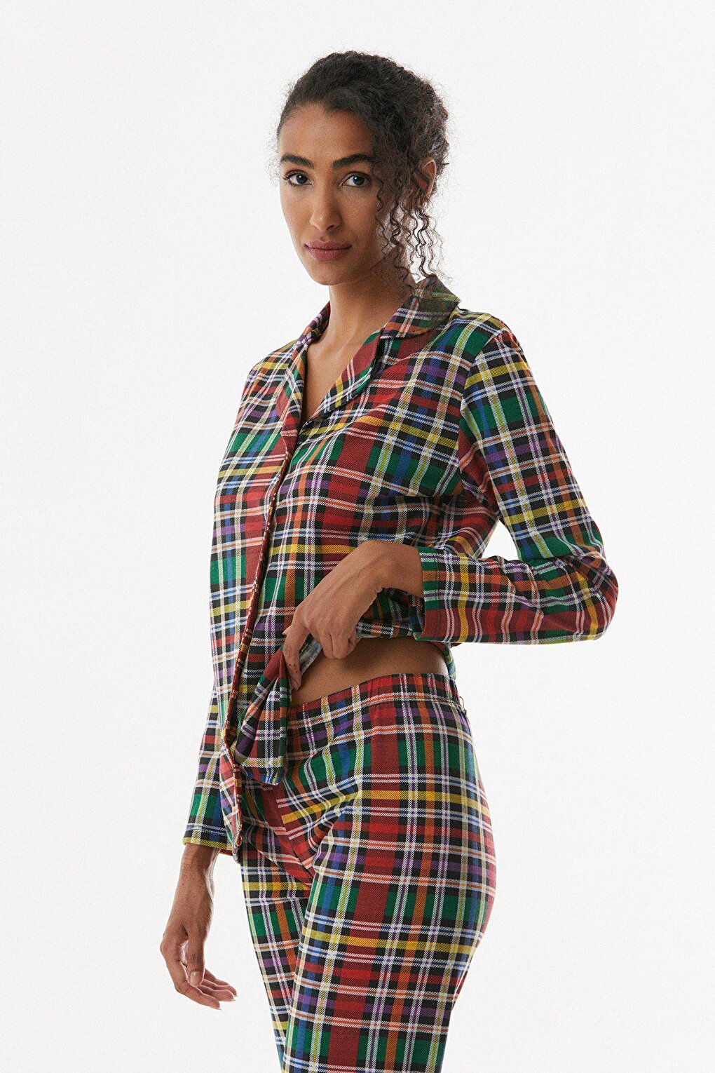 Plaid Patterned Button Pajama Set