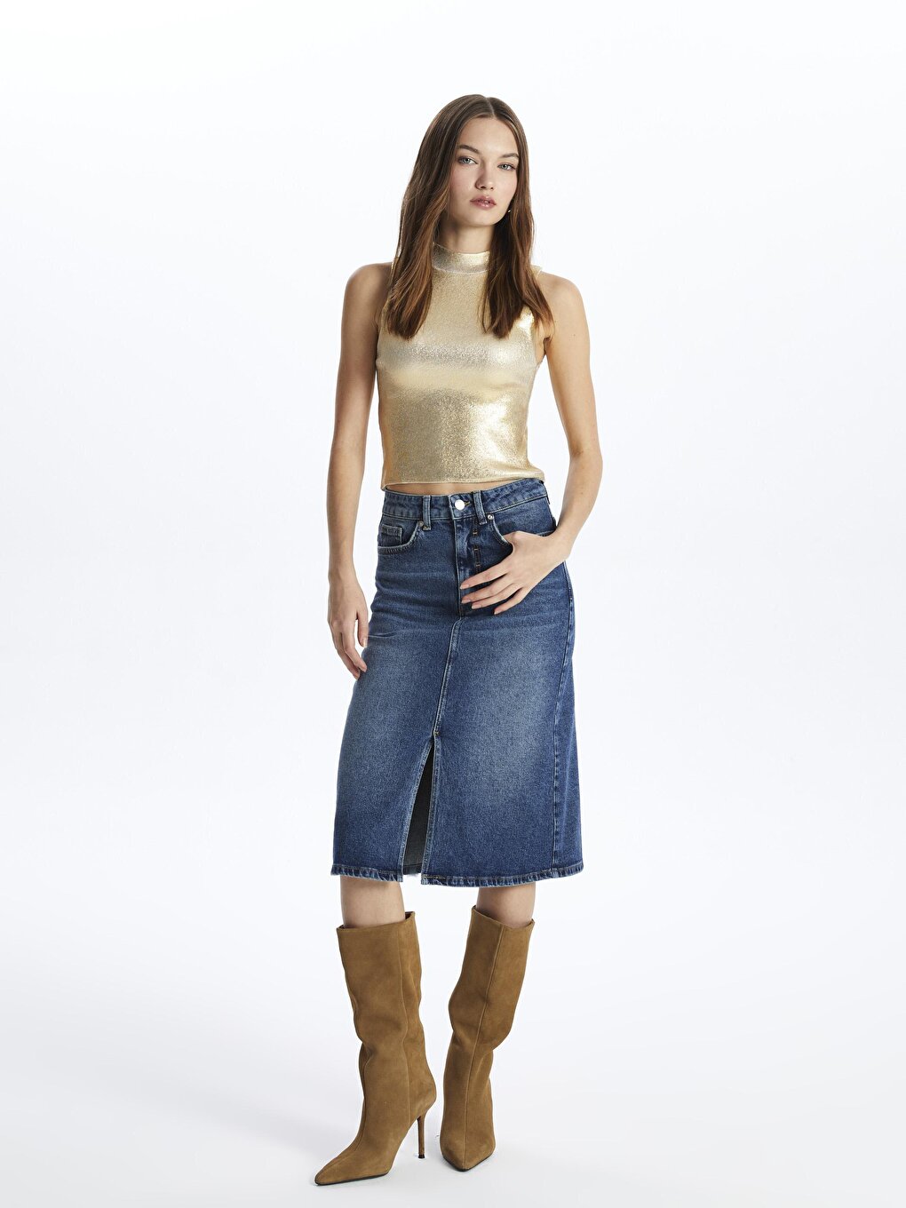 Cannes - Slit Indigoi Denim Skirt - Dark Indigo Color