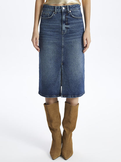 Cannes - Slit Indigoi Denim Skirt - Dark Indigo Color