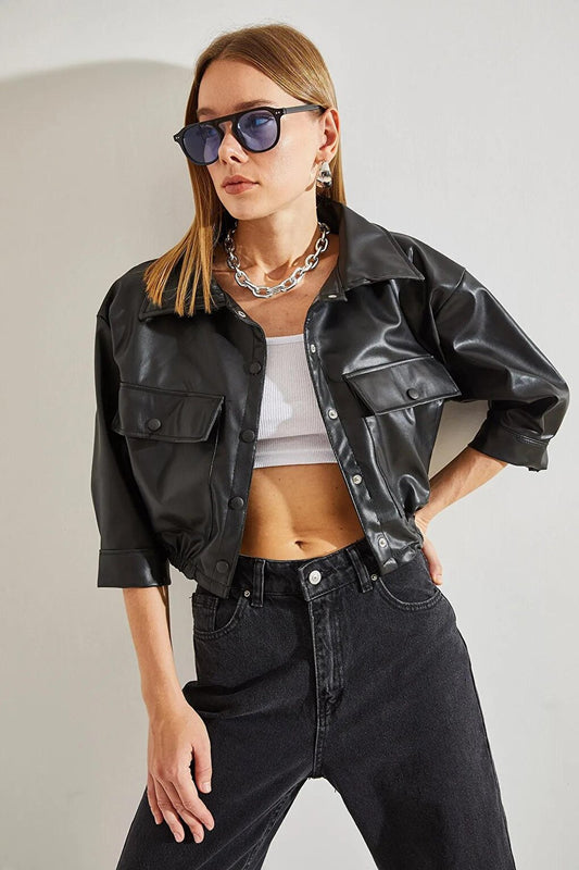 Women's Elastic Waist Snap Faux Leather Bomber Jacket