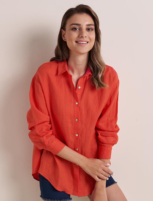 Orange Loose Cut Long Sleeve Linen Shirt