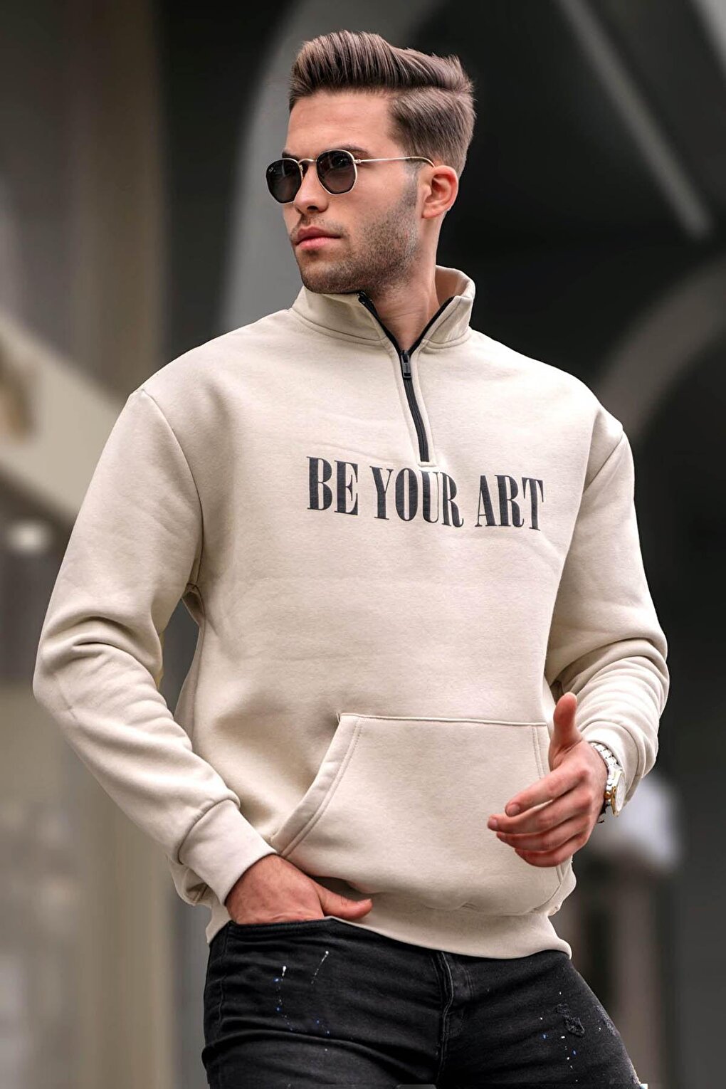 Beige Zipper Collar Printed Men's Sweatshirt 6032