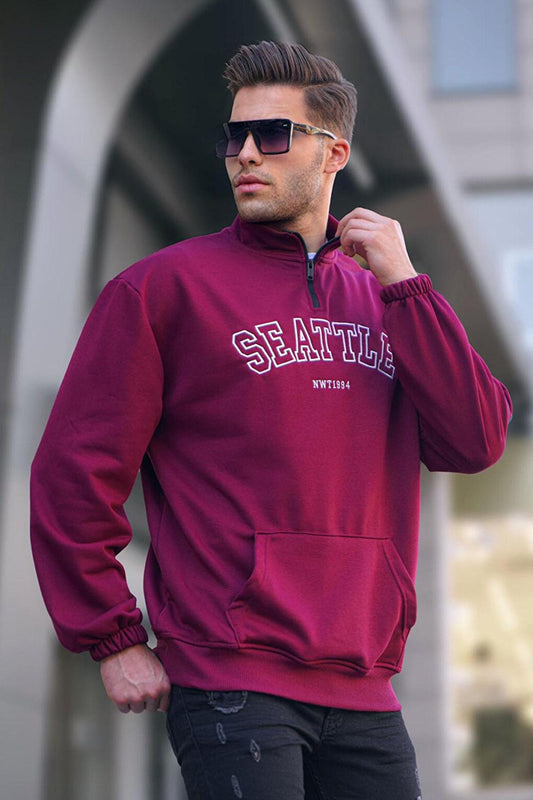 Claret Red Zipper Collar Embroidered Sweatshirt 6026