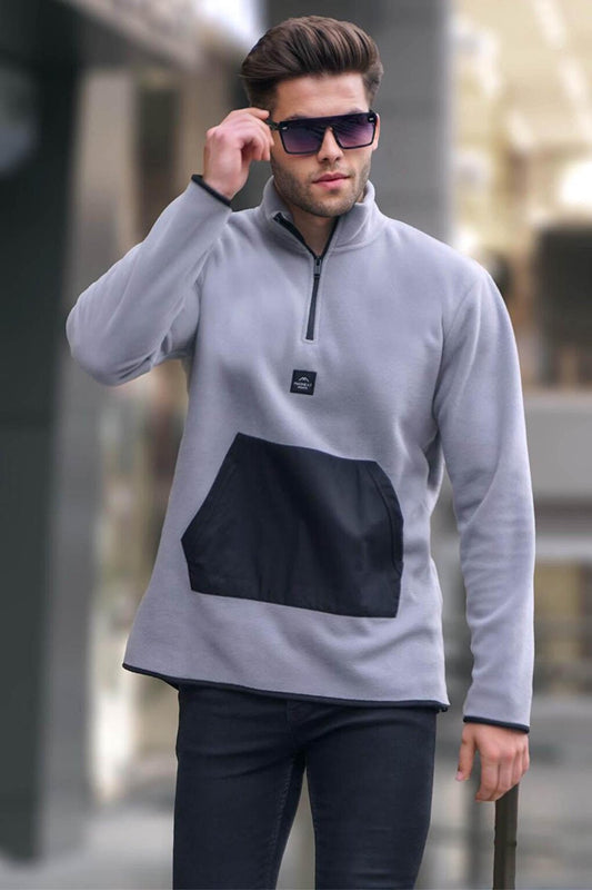 Men's Dyed Gray Bato Collar Kangaroo Pocket Cold-Proof Fleece Sweatshirt 6018