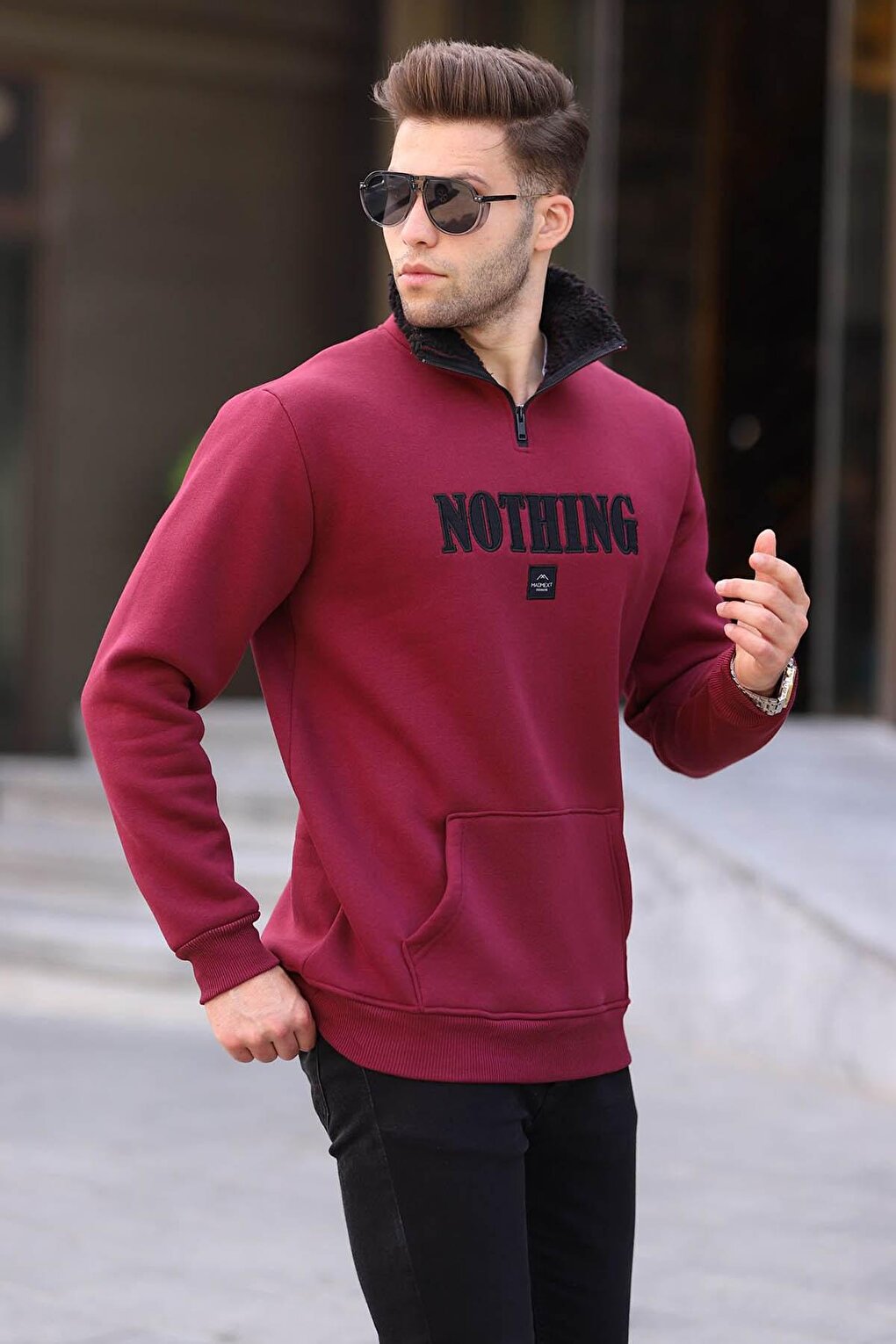 Claret Red Printed Zipper Detailed Sweatshirt 6003