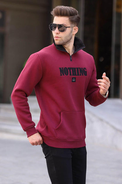 Claret Red Printed Zipper Detailed Sweatshirt 6003