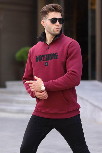 Claret Red Printed Zipper Detailed Sweatshirt 6003