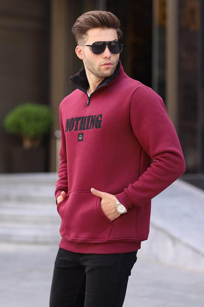 Claret Red Printed Zipper Detailed Sweatshirt 6003