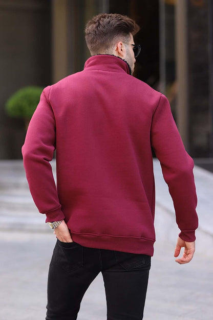 Claret Red Printed Zipper Detailed Sweatshirt 6003